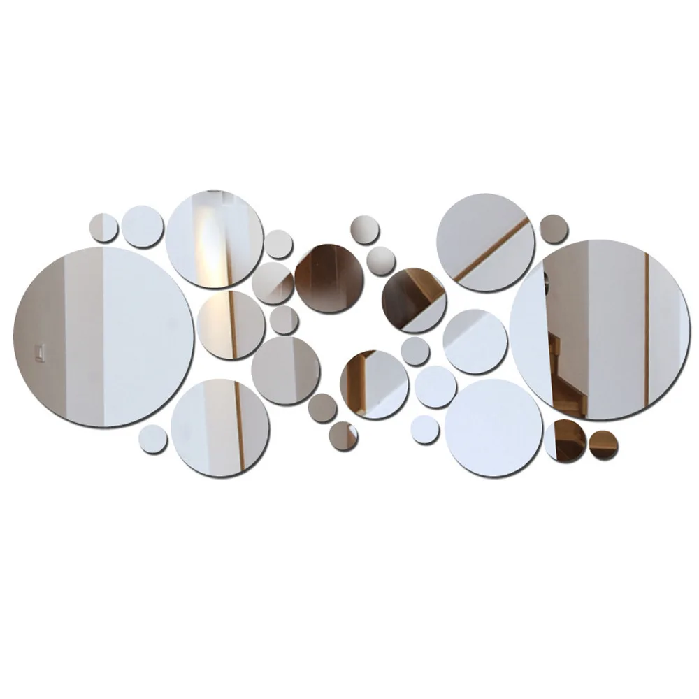 Conjunto de adesivos de parede de espelho acrílico 3d, 26 peças, adesivo redondo, painel decorativo reflexivo para sala de estar, quarto, decoração de fundo de tv
