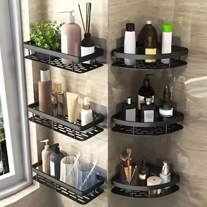 1PC No Drill Wall Mount Bathroom Storage Shelf Corner Shower Rack Organizer with Adhesive