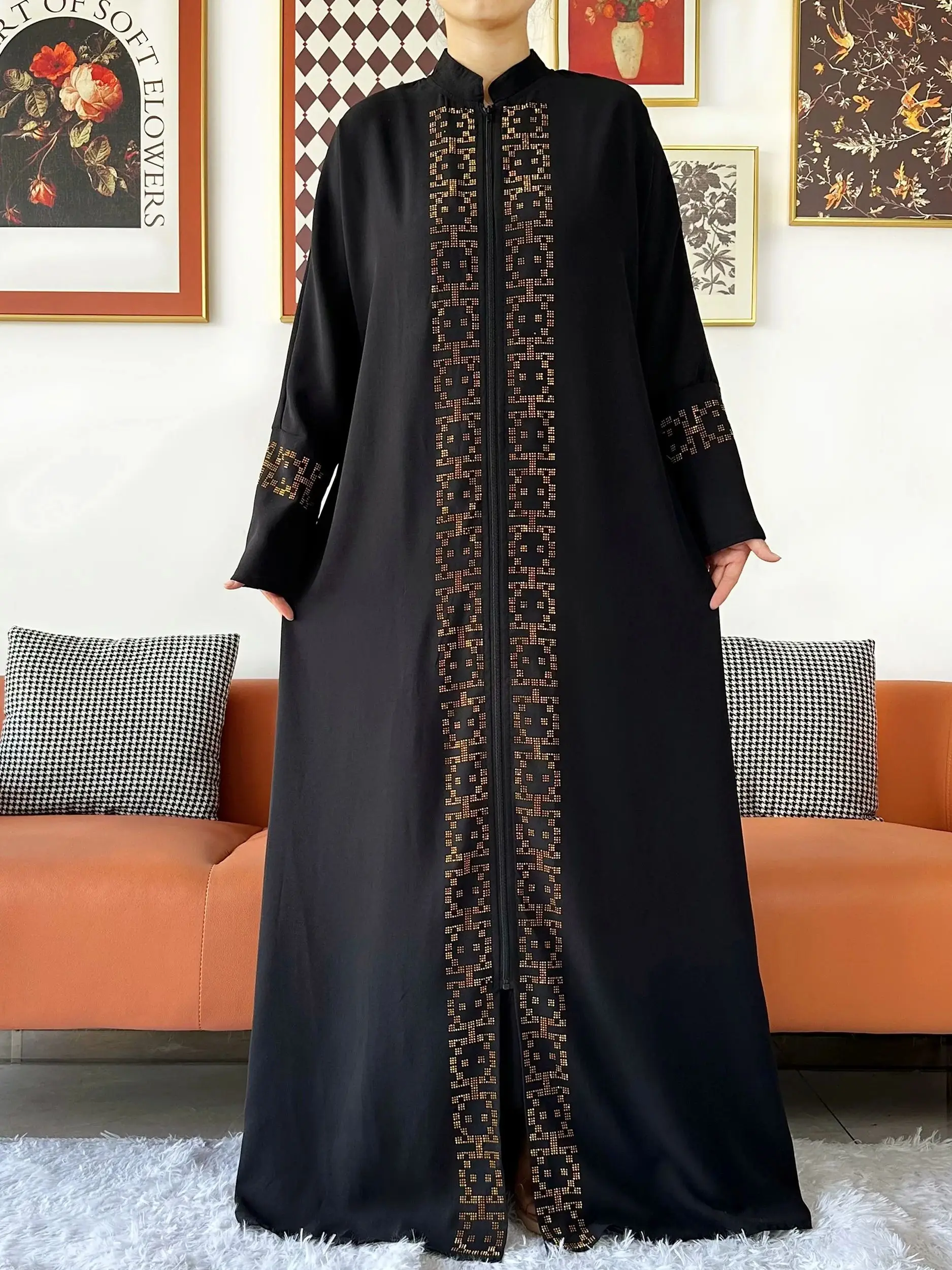 イスラム教徒の女性のためのタートルネックドレス,長袖,オープンアバヤ,ラマダン,ドバイのカフタン,イスラムの着物,透明なカーディガン,2024