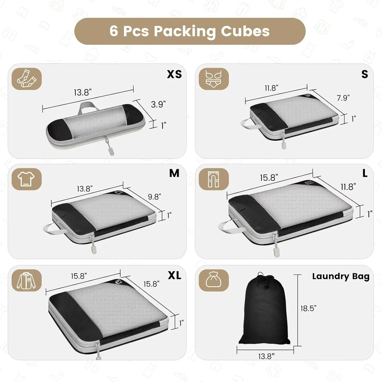 6PCS Travel Compressed Packing Cubes Storage Organizer Set With Shoe Bag Mesh Visual Luggage Portable Lightweight Suitcase Bag