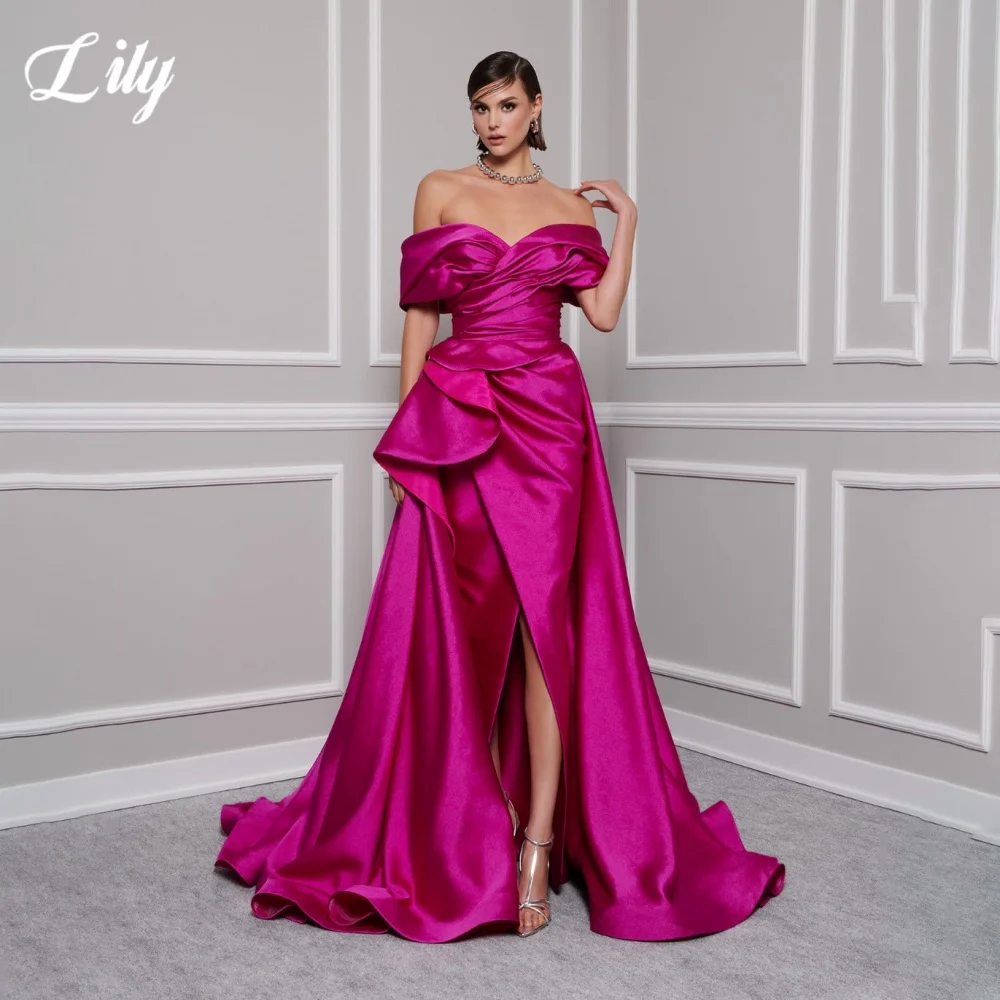 Lily Red Elegant ชุดราตรี V คอปิดไหล่ชุดผู้หญิงซาตินจีบด้านข้างแยกชุดราตรีที่กําหนดเอง