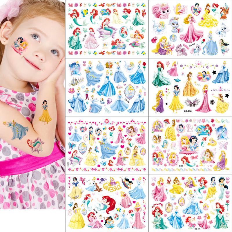Pegatina de tatuaje de princesa Disney para niñas, 1 piezas, Blancanieves, Bella, Ariel, juguete adhesivo, regalo de fiesta de cumpleaños