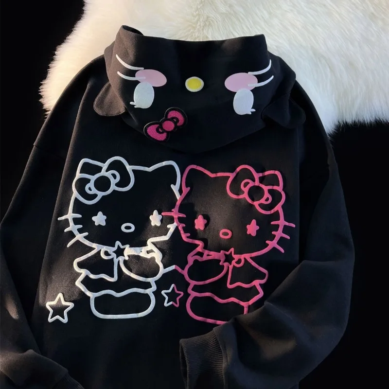 Sanrio เสื้อโค้ทคาร์ดิแกนลาย Hello Kitty, เสื้อโค้ทคาร์ดิแกนมีฮู้ดทรงหลวมนักเรียนโอเวอร์ไซส์แบบกอธิคมีซิปมีฮู้ดสำหรับผู้หญิงเสื้อสเวตเตอร์ Y2k