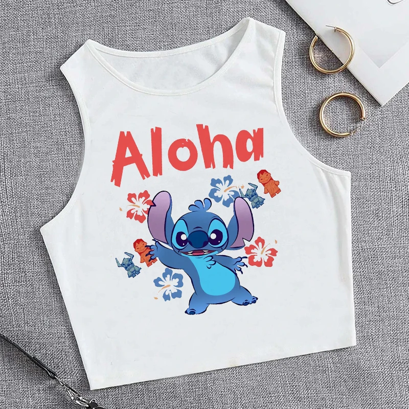 Rompi kaus Tank Top wanita gambar kartun lucu, kaus Tank Top Disney Kawaii Lilo Stitch, kaus grafis Streetwear, atasan Crop wanita