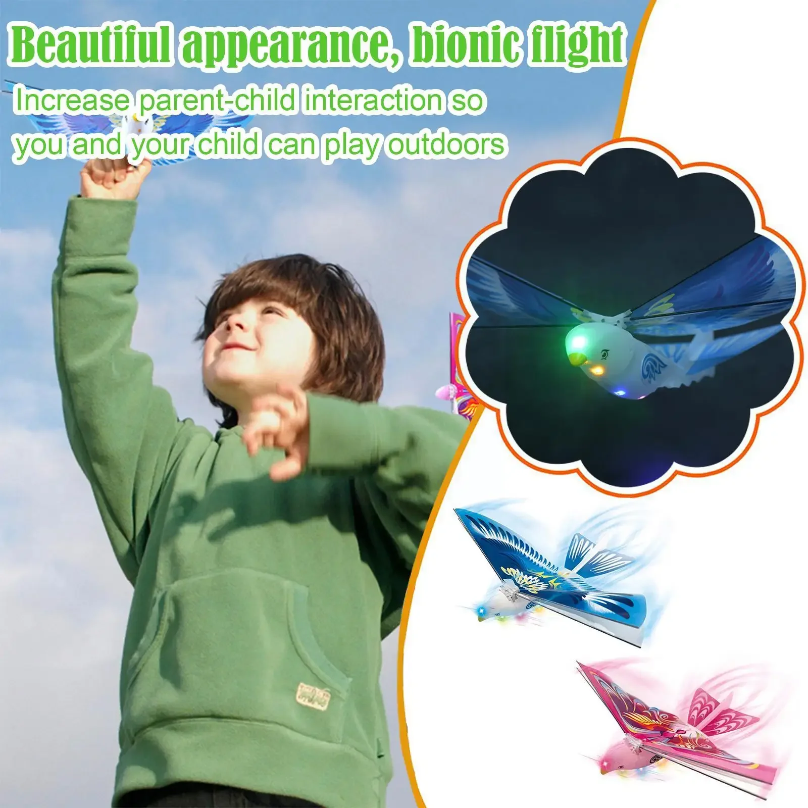 Brinquedos voadores light-up para crianças, pássaros voadores, luz LED, brinquedos elétricos, ao ar livre, jogando, pairando, pássaros do céu, novidade