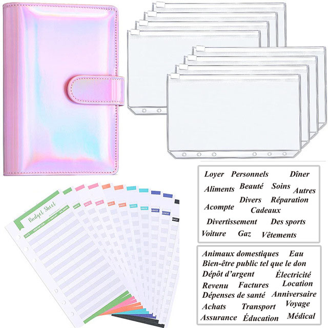 PU Budget Binder Bargeld Umschlag Organizer A6 Notebook Planer 2Pcs Französisch Alphabet Aufkleber 8pcs Zipper Tasche Dropshipping