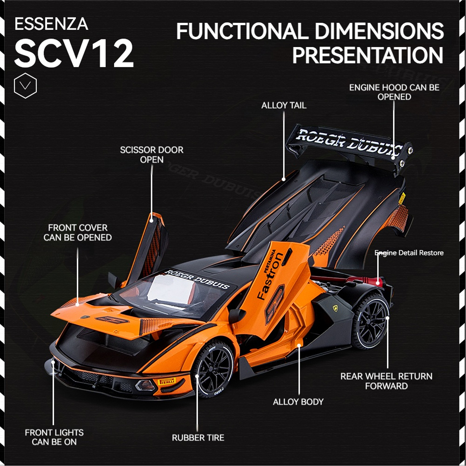 Modelo de carro fundido Lamborghini SCV12 em escala 1:24 com efeitos sonoros e luminosos, ação com mola 111