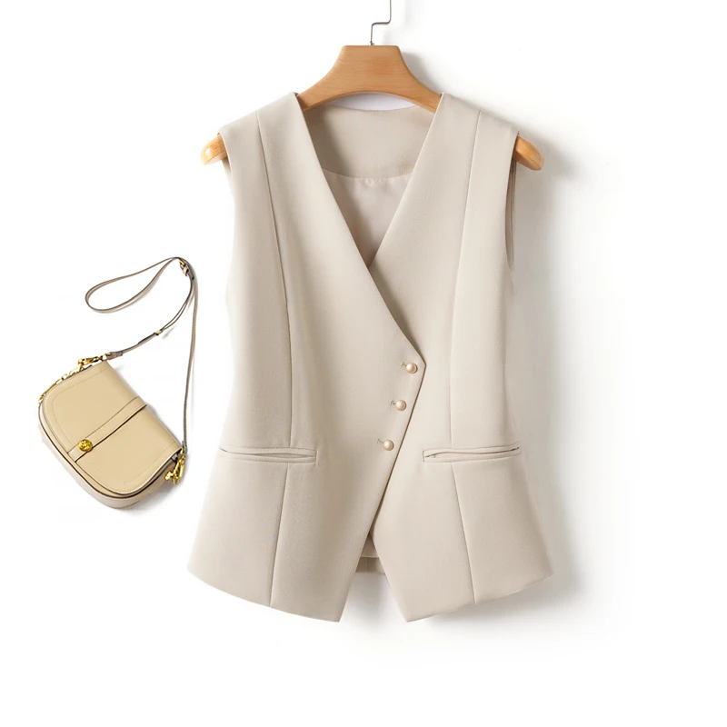 Colete curto de cor sólida feminino primavera e outono moda decote em v botão diagonal versátil local de trabalho elegante colete jaqueta top