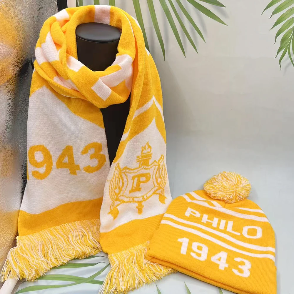 그리스 아카데미 클럽 파티 선물 PHILO 1943 노란색 흰색 스카프 모자 세트