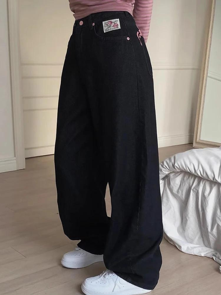 Calças Jeans Longas de Cintura Alta Estilosas para Mulheres, Novidade de Primavera, Estilo Doce e Descolado, Calças Largas co...