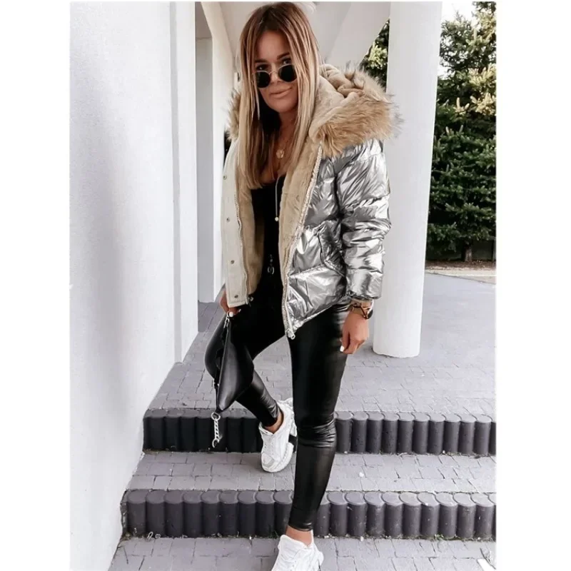 Parkas para mujer, Chaqueta corta de algodón holgada con capucha de invierno, Chaqueta de algodón cálida con cremallera a la moda de Color sólido para mujer