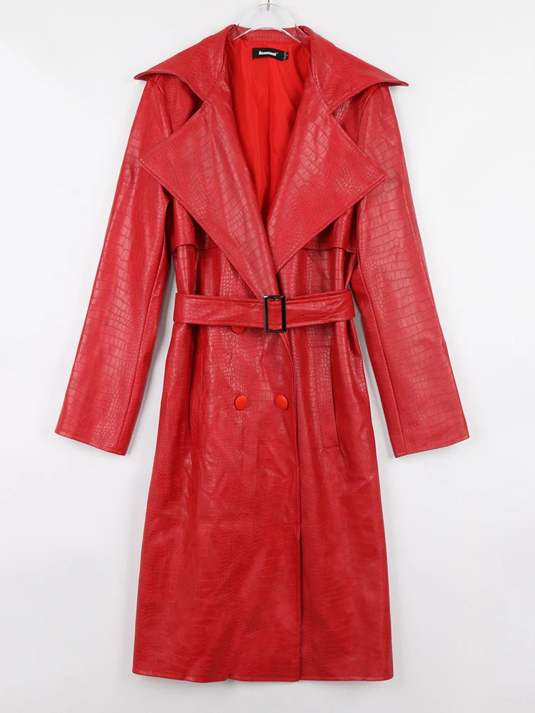 Casaco de couro com estampa nerazzurri-crocodilo para mulheres, impermeável impermeável com cinto, longo e solto, vermelho, trespassado duplo, moda, outono