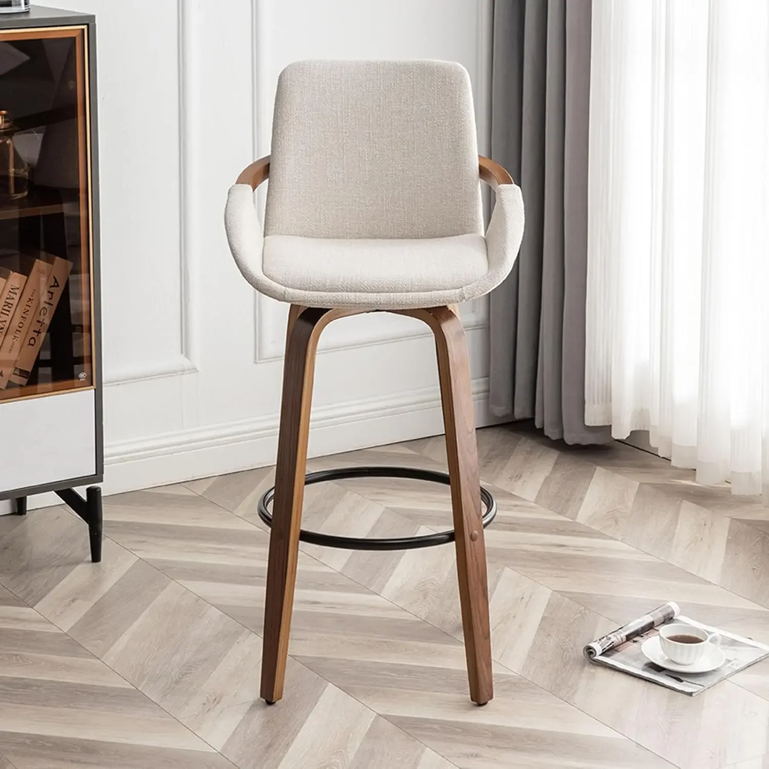 29.5" Bar Height Barstools Set of 2,Mid Century Modern Retro Bar Chairs Charcoal Beige Linen Look Fabric (Beige)