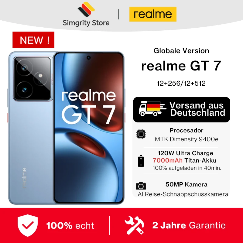 Versione globale realme GT 7 5G AI Smartphone MTK Dimensity 9400e 6000nits Pro-Esports Display 7000 mAh Batteria 120W Ultra Charge