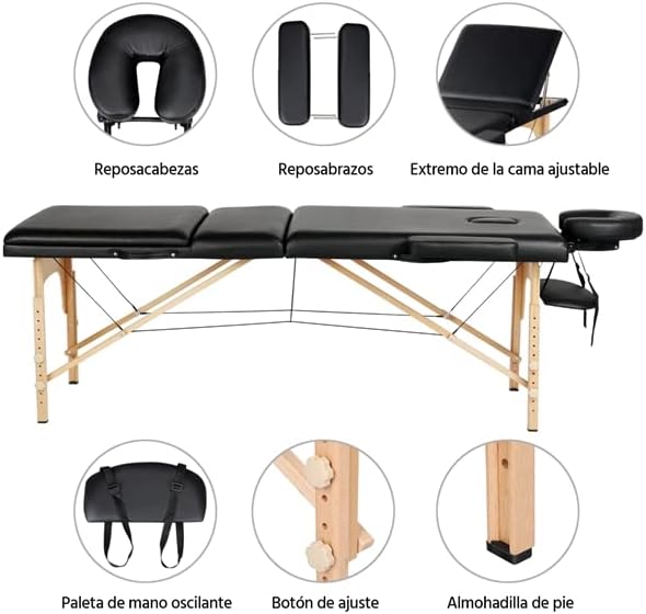 Camilla Masaje Plegable 3 Zonas Profesional Portátil Carga 250kg 213×82cm Altura Ajustable de Madera Haya para