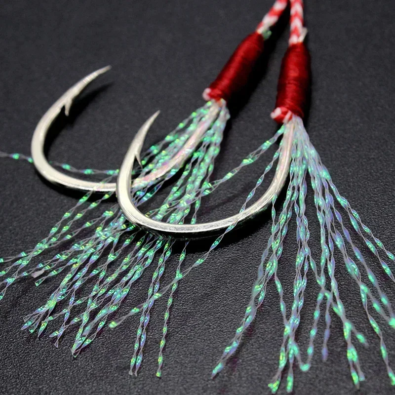 10 pçs/lote gancho de pesca gabarito duplo pairhooks farpado fio pena acessórios pesca aço alto carbono isca de pesca lento jigging
