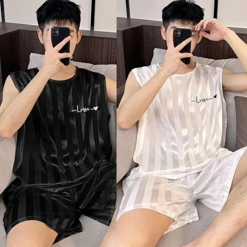 New Pajamas, Men's Ice Silk Thin Vest Shorts, Men's Loungewear Set, Large Size Sleeveless Comfortable Casual Loungewear