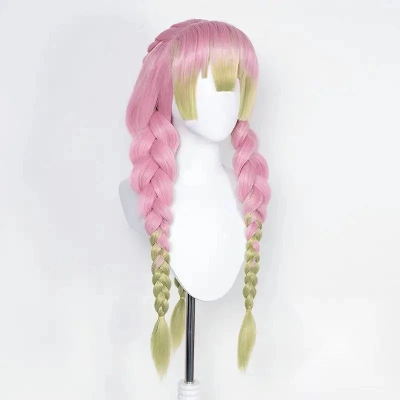 Mitsuri kanroji peruca cosplay kimetsu no yaiba longo rosa verde resistente ao calor cabelo autêntico perucas cosplay + touca peruca