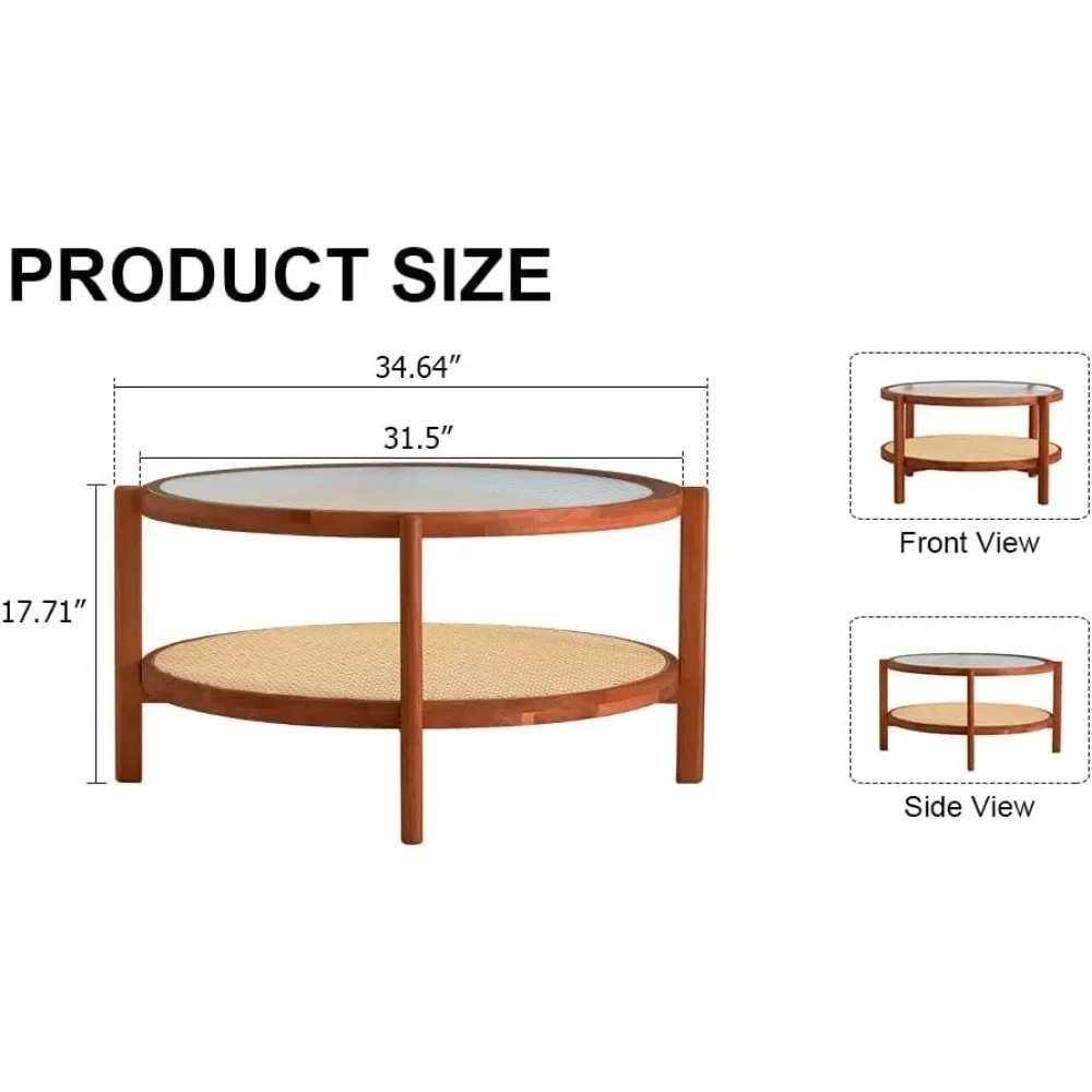 Moderner runder Couchtisch mit Stauraum, kleiner Rattan-Couchtisch mit Glasplatte, Teetisch mit 2-stufigem Ablagefach für