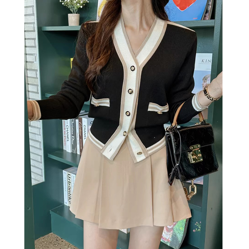 Chic Autumnal Vintage Small Fragrance Sle V-neck Single Button Color Block Versatile Slimming Long Sleeve Knitted Sweater J...