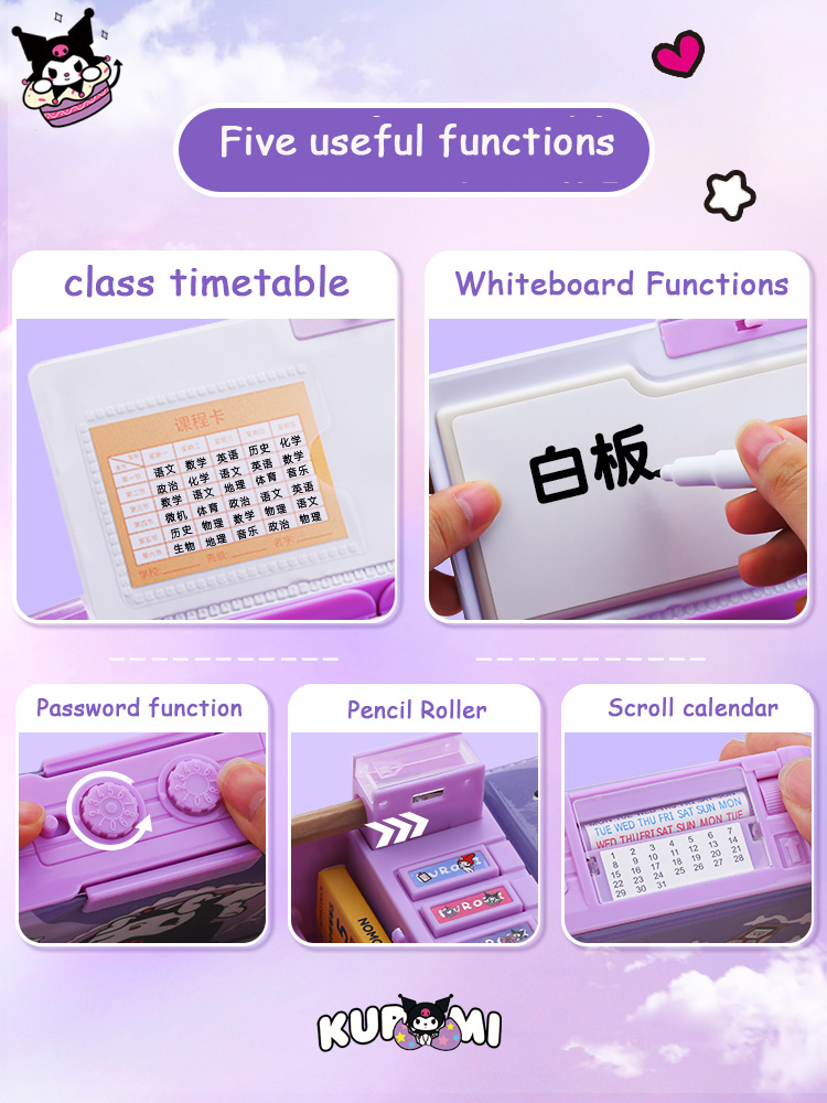 Sanrio Kuromi Melody Automatic Pen Case, Multi-Funcional Combinação Lock Pen Pouch, Large Capacity Papelaria Box, Desktop Storage