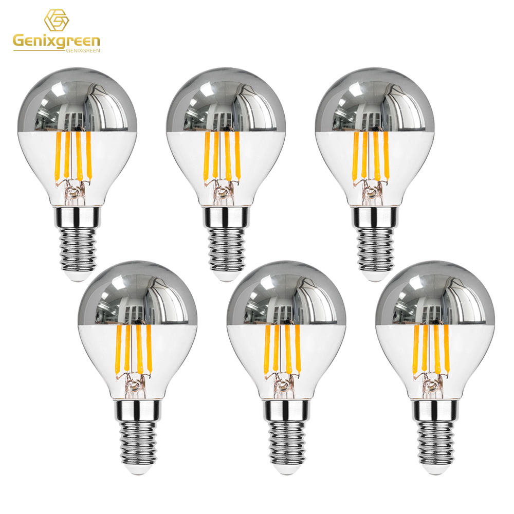 Genixgreen E12 E14 LED-Spiegel-Glühbirne, dimmbar, 4 W, G45, Top Silver Crown Globe 2700 K, Dekor, Korridor, G14, halb verchromte Edison-Glühbirne