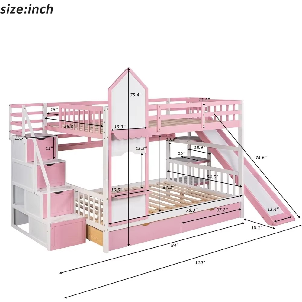 Full-Over-Full Pink Bed,Castle Style Bunk Bed with 2 Drawers and 3 Shelves,Solid Wood Bunk Beds with Slide and Storage Staircase