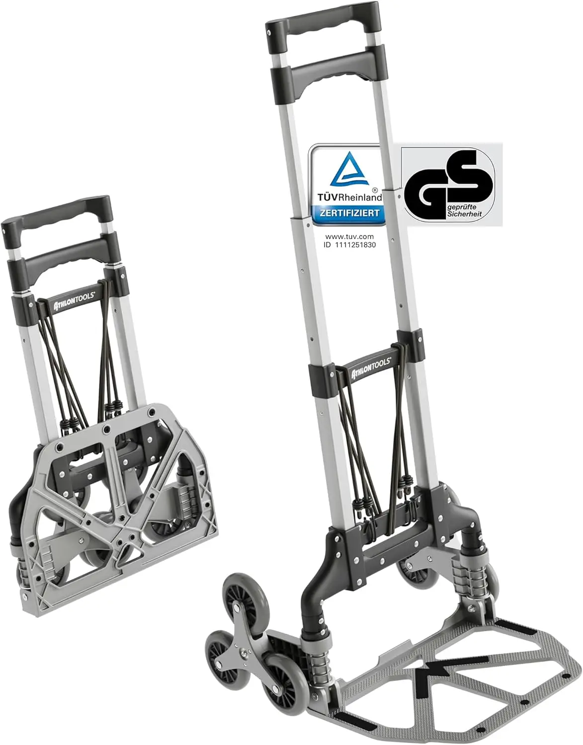 ATHLON TOOLS Aluminium Treppensteiger-Sackkarre klappbar – extra langer Griff 110 cm – Ladefläche mit Anti-Rutsch-Pads – Modell