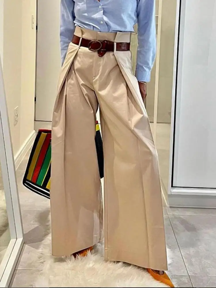 Freeacy 2024 moda feminina calças de viajante damasco elástico cintura alta calças plissadas comprimento total perna larga bottoms para o sexo feminino