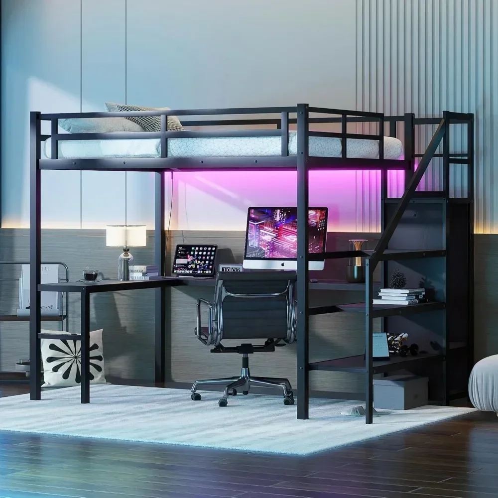 Cama alta de tamanho completo com escadas e mesa, cama alta de jogos de metal com luz LED RGB, estrutura de cama alta de aço resistente com armazenamento