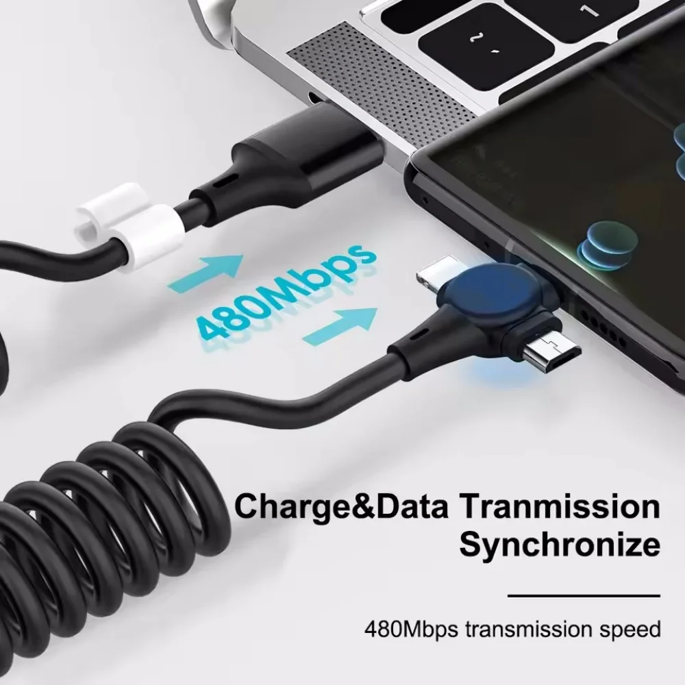 120W 3-in-1 Mobile phone Fast Charging Data Cable For iPhone Huawei Xiaomi Super Fast Charging Spring Retractable Data Cable