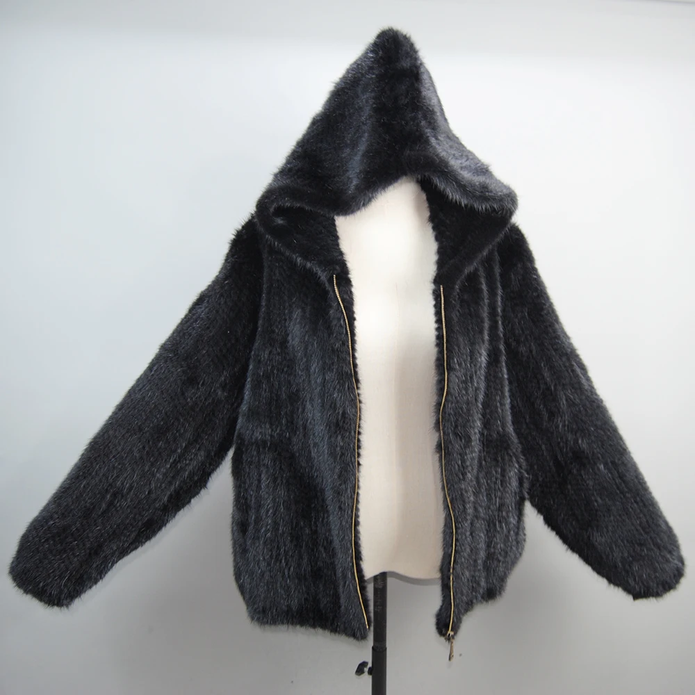 2025 novas mulheres casaco de pele de vison manga longa com capuz jaqueta casual moda all-match zíper de malha outerwear jaqueta personalizada plus size