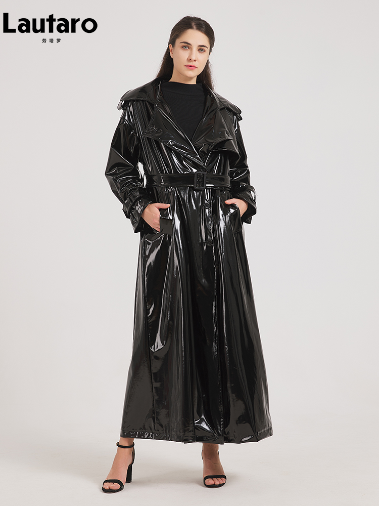 Lautaro printemps automne Extra Long noir brillant réfléchissant doux extensible en cuir verni Trench manteau pour les femmes Maxi pardessus 2024