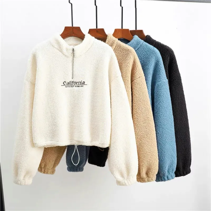 Vrouwen Letter Borduurwerk Stand Hals Fleece Cropped Hoodies Herfst Lange Mouw Trekkoord Sweatshirt Nieuwe Casual Pluche Fluwelen Tops
