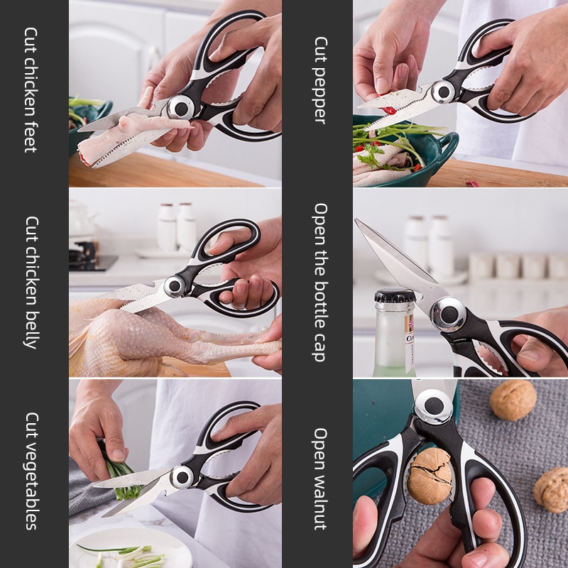 Scissors Stainless Steel Kitchen Household Bone Scissors Chicken Wings Fish Chopper Bottle Opener Clip Walnut Kitchen Tools