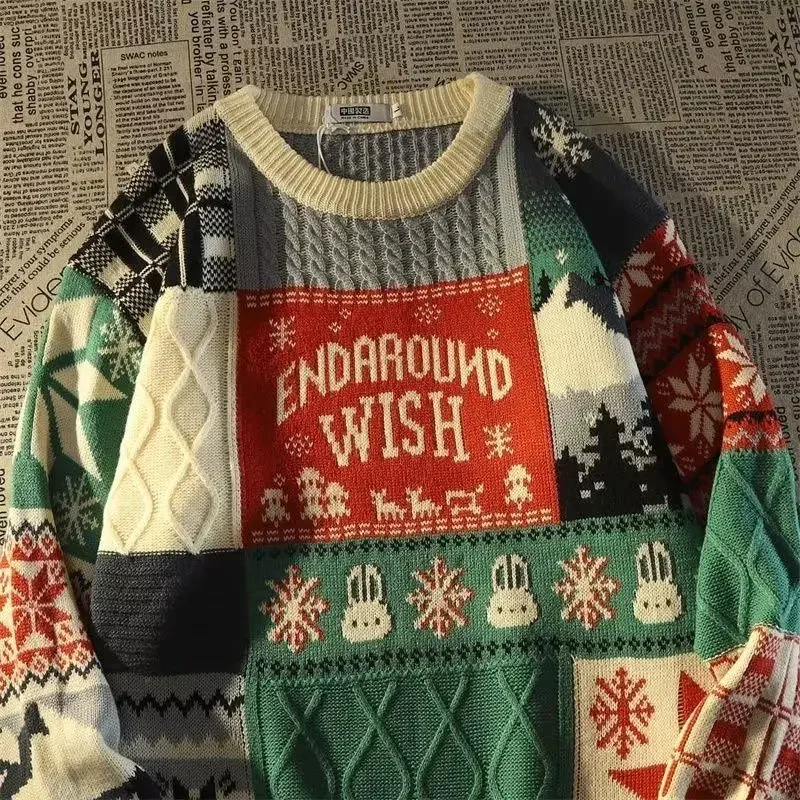アメリカのかわいいツイストクリスマス長袖セーター男性と女性のための Y2K ストリート秋と冬のファッションルーズプルオーバーセーター