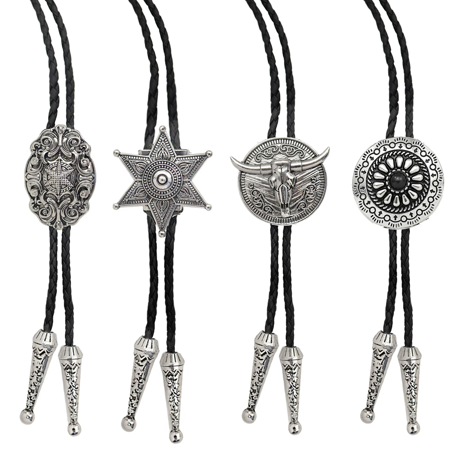 Vintage Western Cowboy Bolo Tie for Men Star Bull Circular Cross Pendant Black Leather Rope Necktie Women Necklace Accessories