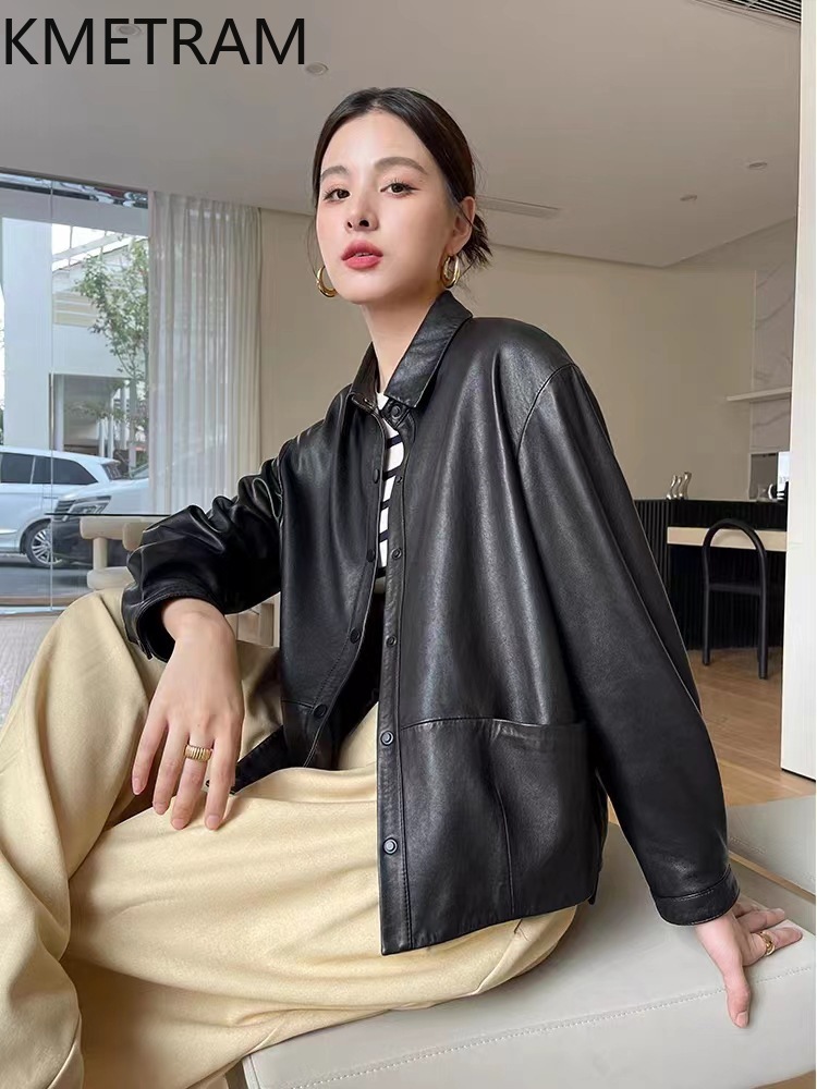 女性用本革ジャケット,シープスキン100%,ブラックジャケット,ファッション衣類,新しいアウター,秋冬,2024