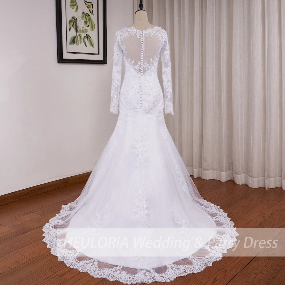ชุดเดรสเมอร์เมดแขนยาว O คอชุดแต่งงานสีขาวลูกไม้ Applique Beading ชุดเจ้าสาว Robe De Mariage ปรับแต่ง
