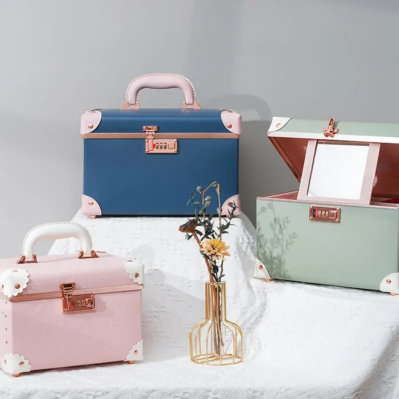 Tragbare Retro-Passwort-Make-up-Box-Aufbewahrung, große Kapazität, doppelter Lederkoffer, niedliche koreanische Version, Kosmetik-Gepäcktasche