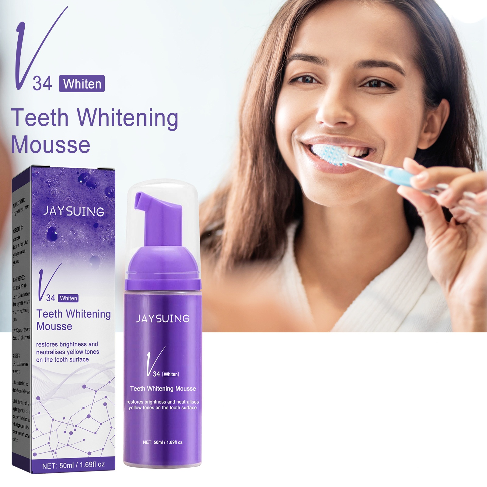 Mousse de clareamento dental v34 cor esmalte dental cuidados limpeza profunda manchas remoção de melanina creme dental de espuma de branqueamento 50ml