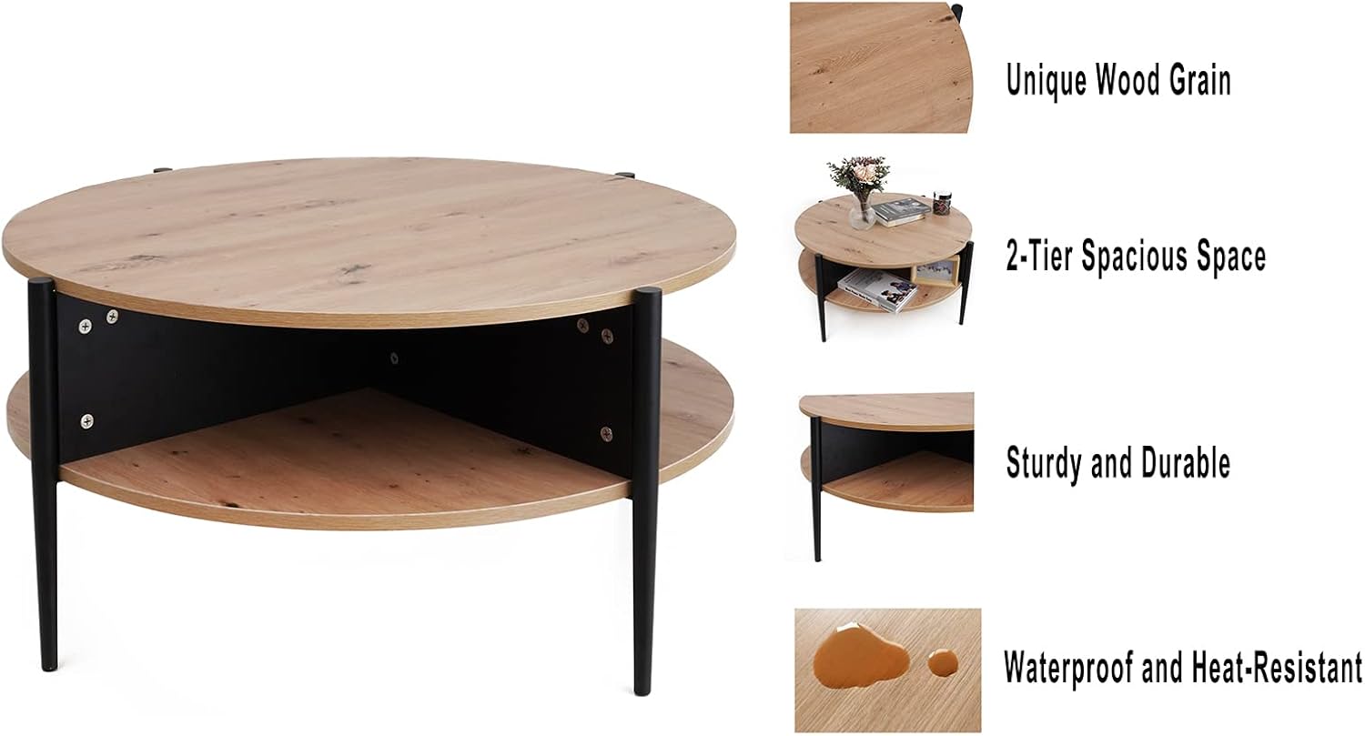 Wood Round Coffee Table with 2-Tier Storage Partitioned Shelf Industrial Modern Design Sofa Table for Living Room
