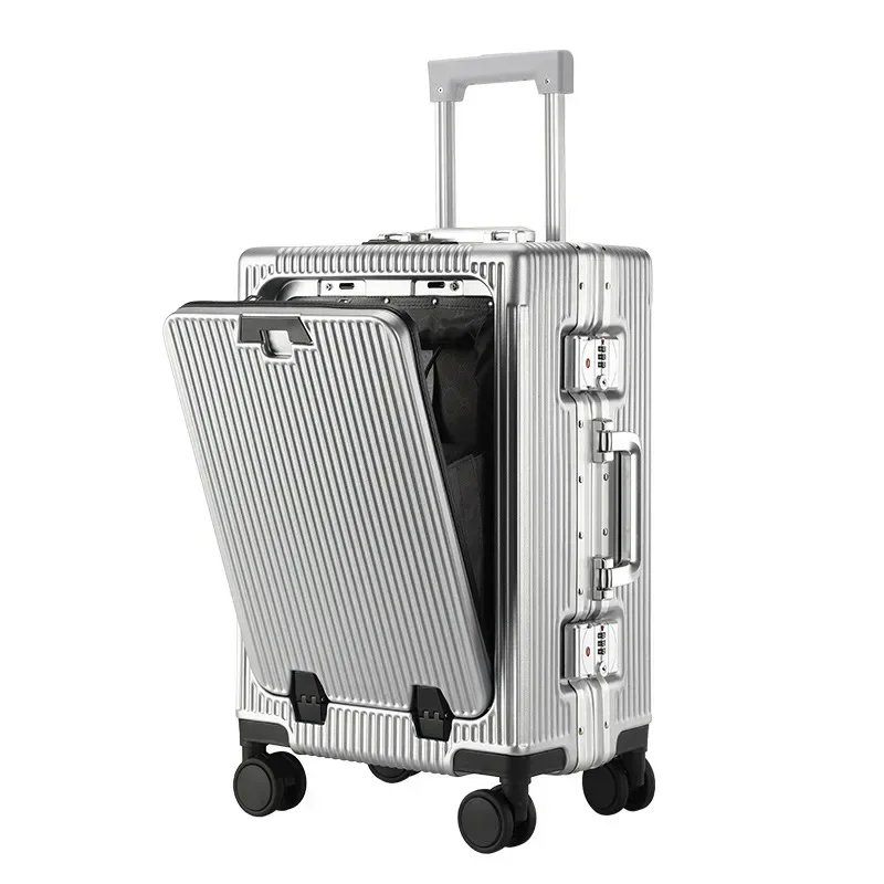 Trolley-Koffer mit Aluminiumrahmen, USB-Aufladung, Bordfrontöffnung, großes Fassungsvermögen, Rollgepäckkoffer, Koffer mit Getränkehaltern