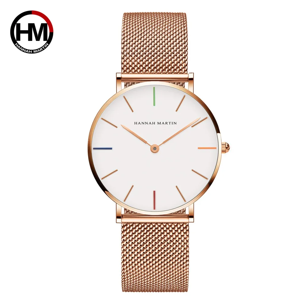 Hannah Martin Japan QUARTZ Movement คุณภาพสูงผู้หญิงสแตนเลสตาข่าย Rose Gold กันน้ําสุภาพสตรีนาฬิกา Dropshipping CB36