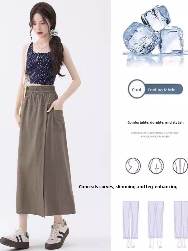 Slimming High Waist Casual Skirt Pants Women's Summer Thin Wide Leg Workwear Korean Sle Loose Fit Nine Points Polyester