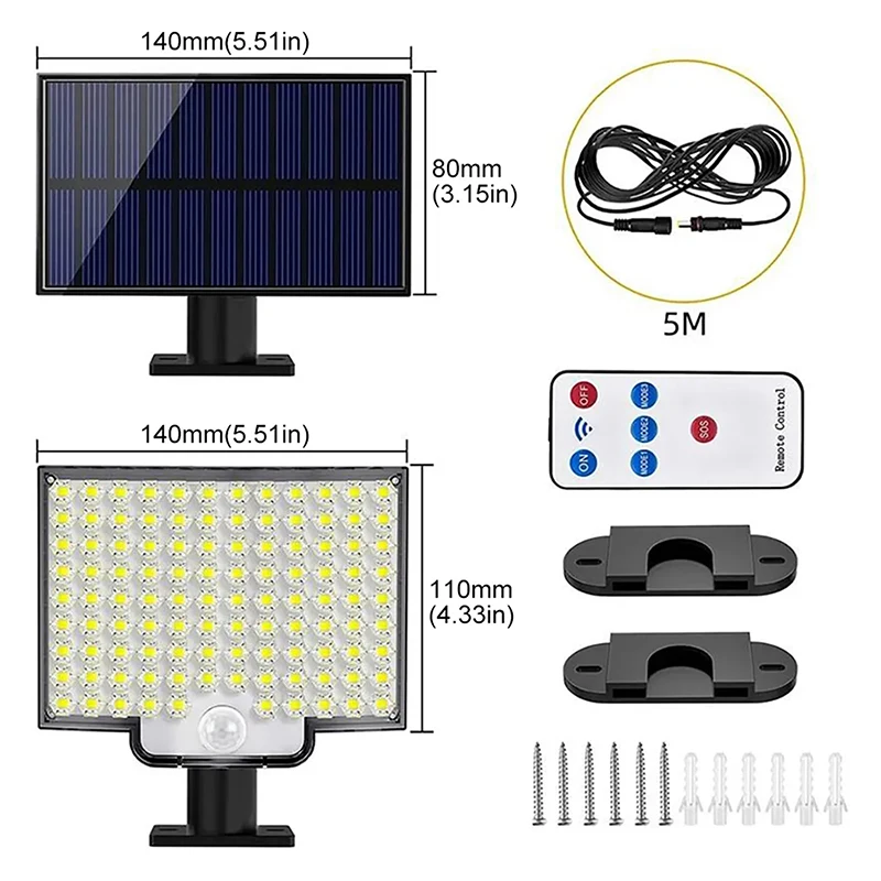ไฟโซลาร์เซลล์กลางแจ้ง 1 ชิ้น 106 LED สว่างพิเศษ พร้อมเซ็นเซอร์ตรวจจับความเคลื่อนไหว ไฟ LED โซลาร์เซลล์ IP65 กันน้ำ 3 โหมดแสง สำหรับสวนและผนัง
