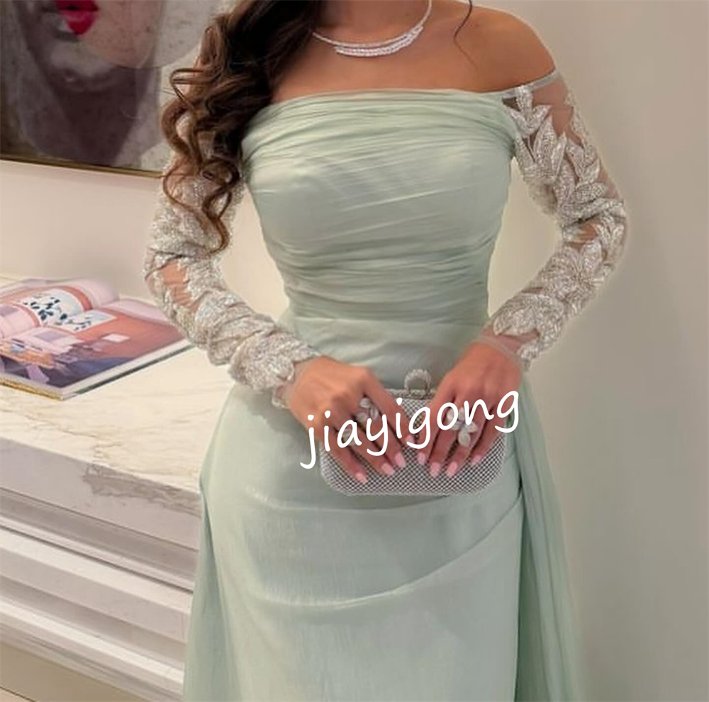 ที่กําหนดเองเรียบง่ายชีฟองจีบรูปแบบ A-Line ปิดไหล่ชุดยาว Bespoke โอกาสชุด Pastrol คลาสสิก