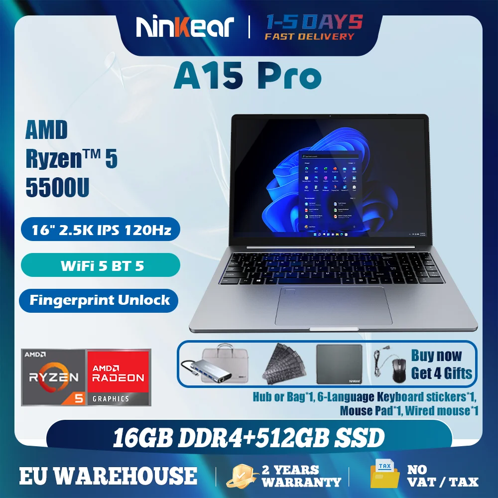 Ninkear A15 Pro-laptop 16" 120 Hz 2,5K QHD 100% sRGB AMD Ryzen ™   5 5500U Notebook 16G DDR5 + 512GB PCIe 3.0 SSD 1,8KG 20MM FP Ontgrendelen