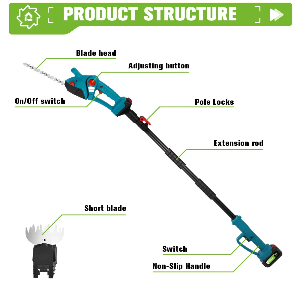 ONEGREEN 3 IN 1 Telescoping Pole Electric Hedge Trimmer 20000RPM Shrub Weeding Pruning Garden Power Tools For 21 18V Battery