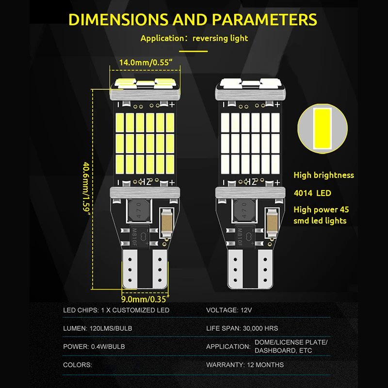 2x โคมไฟสัญญาณ LED T15สว่างมาก W16W หลอดไฟ LED 920 921 912 4014 45ชิปไฟถอยหลังสำหรับไฟถอยหลังไฟจอดรถสำรอง